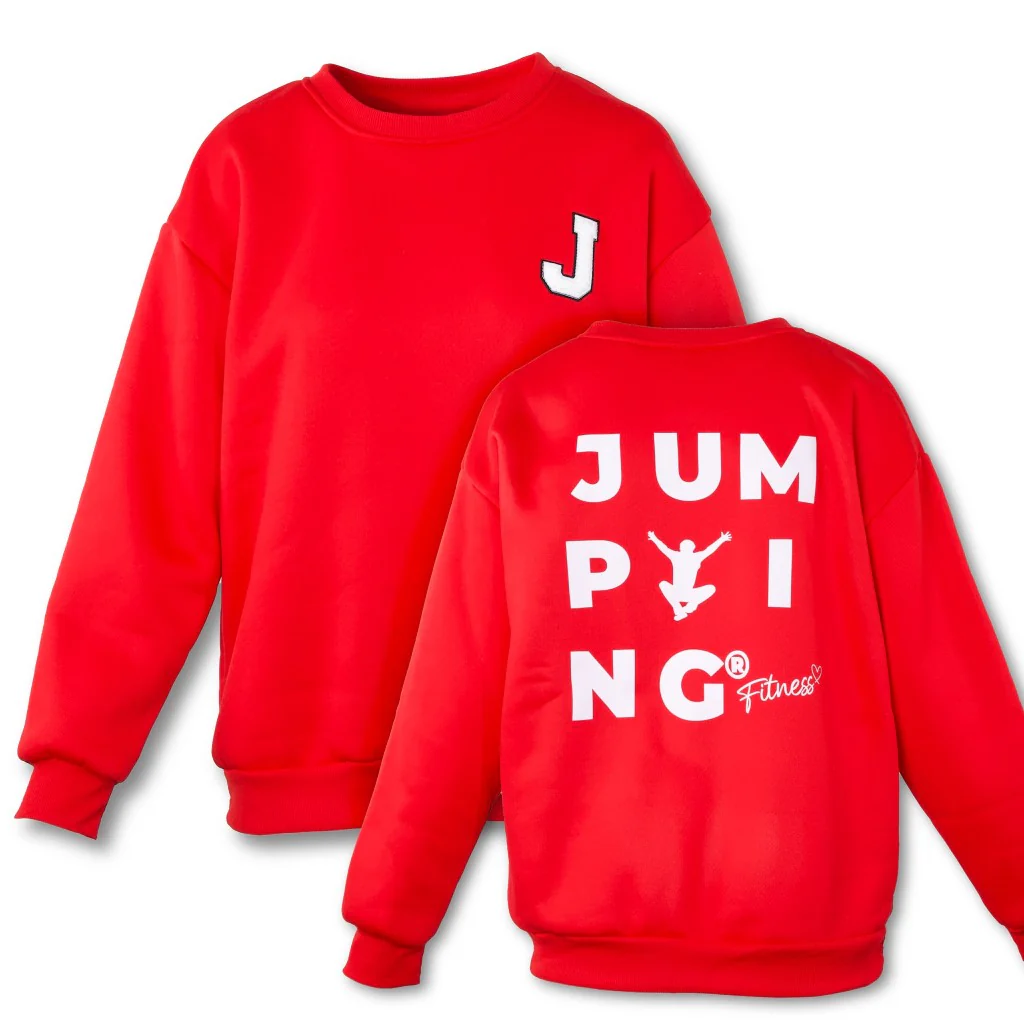 Red sweatshirt with JUMPING® graphic and iconic figure
